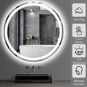 Bathroom Mirror with LED Lights, 600mm Round Wall Mounted Vanity Mirror Illuminated Makeup Mirror with Clock 3 Colour Temperature