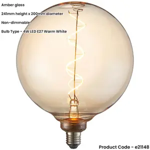 Amber Glass 4W E27 LED Light Bulb - Spiral Design - Non-dimmable Warm White - 320lm 2000k