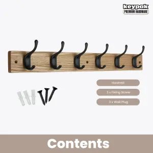 keypak 6 Matte Black Coat Hooks on Ash Effect Wooden Board - 68cm Modern Wall Mounted Coat Rack Clothes Hanger