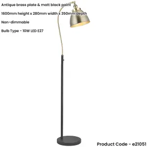 1600mm Floor Lamp - Antique Brass & Matt Black Industrial Resto Adjustable - Standing LED Light Base & Shade