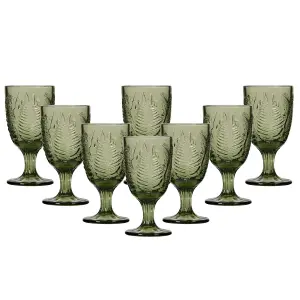 Set of 8 Vintage Luxury Green Leaf Embossed Drinking Wine Glass Wine Goblets 230ml