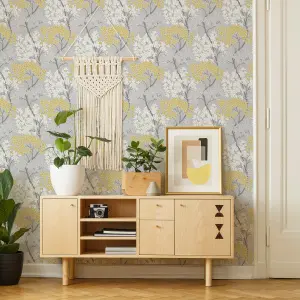 Fresco Lykke Grey & ochre Tree Smooth Wallpaper Sample