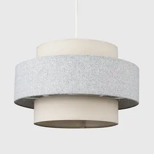 ValueLights Weaver Pair of Modern Ceiling Pendant Light Shades In Cream and Grey Herringbone Finish