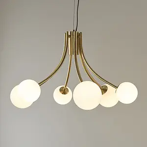 Luminosa Bloom Multi Arm Glass Pendant Light Satin Brass Plate, Opal Glass