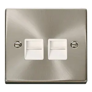 Satin / Brushed Chrome Secondary Telephone Twin Socket - White Trim - SE Home