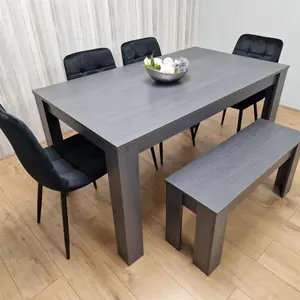 Dining Table and 4 Chairs With Bench Black Dark Grey 4 Velvet Chairs Wooden Bench Wood Dining Set Furniture