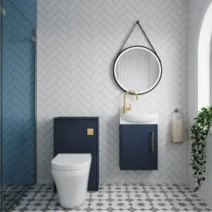 Power Cloakroom Bundle - Right Wall Hung Vanity Unit, Concealed Cistern WC Unit, Toilet & Tap, 440mm - Blue/Brass - Balterley