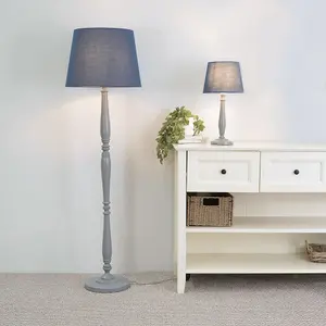 ValueLights Victoria Traditional Grey Wood Candlestick Table Lamp with Navy Blue Tapered Shade