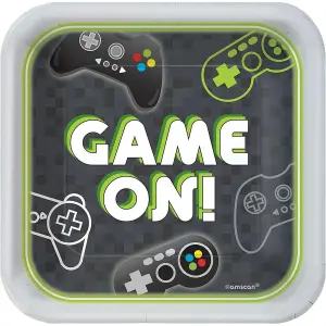 Amscan Level Up Gamers Paper Square Birthday Disposable Plates (Pack of 8) Grey/Green/White (One Size)