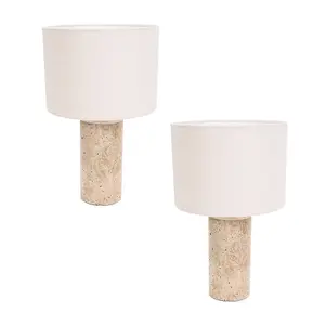 ValueLights Chloe Pair of - Natural Marble Effect Bedside Table Lamp with Neutral Linen Shade - LED Bulbs Included