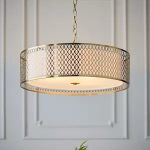 Luminosa Cordero Single Pendant Ceiling Lamp, Gold Effect Plate, White Fabric, Frosted Glass