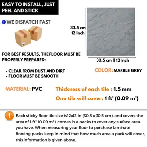 Self-Adhesive Vinyl Floor Tiles - 30 Pack for 30 ft² (2.79 m²) Coverage - Peel & Stick Vinyl Floor Tiles - Grey Marble Effect