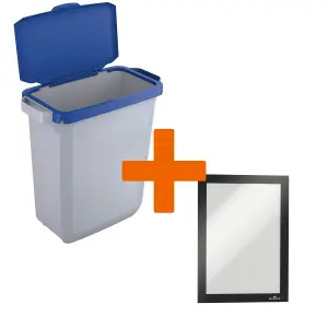 Durable DURABIN Grey Recycling Bin with Blue Hinged Lid + Black Duraframe - 60L