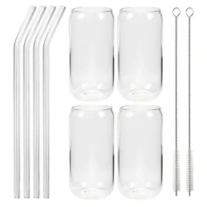 4 X 16oz Can Shaped Glass Cups - Drinking Glasses with Glass Straw - Classic Design With Aesthetic Appeal