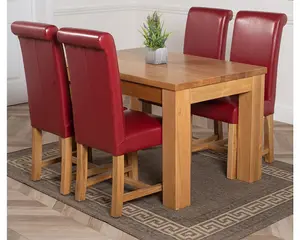 Dakota 127 x 82 cm Chunky Oak Small Dining Table and 4 Chairs Dining Set with Washington Burgundy Leather Chairs