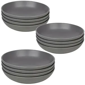 Queensway Home & Dining 20cm Diameter 12 Pcs Grey Coloured Stone Ceramic Pasta Bowls Dinnerware Crockery Dining Microwave Safe Set