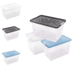 Set of 6 22 Litres Elegant Jasmine Leaves Strong Stackable Plastic Storage Boxes Complete With Clip Locked Lids