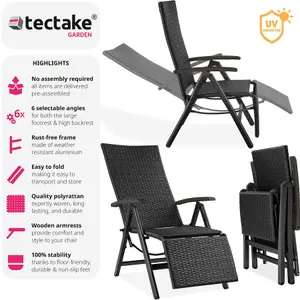 Garden Chair Brisbane - 6-way adjustable backrest and footrest, foldable - black