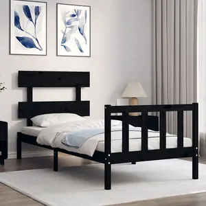 Berkfield Bed Frame with Headboard Black Small Single Solid Wood