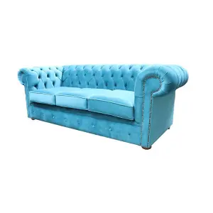 Chesterfield Original 3 Seater Sofa Amalfi Peacock Blue Velvet Fabric In Classic Style