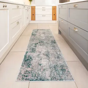 Silver Green Distressed Abstract Modern Textured Area Runner Rug 60x240cm