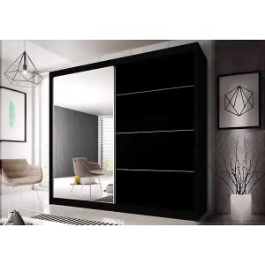 Stylish Black Gloss Front & Black Matt Wardrobe W233cm H218cm D61cm with Mirrored Sliding Doors