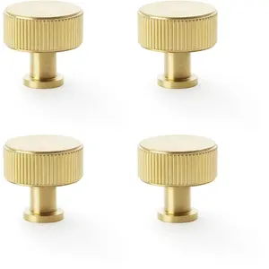 4 PACK - Round Reeded Door Knob - 35mm Diameter Satin Brass Lined Cupboard Pull Handle