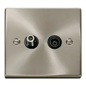 Satin / Brushed Chrome Satellite And Isolated Coaxial 1 Gang Socket - Black Trim - SE Home