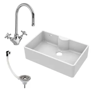 795mm - Single Bowl Fireclay Butler Kitchen Sink -  Tap Ledge, Tap & Waste