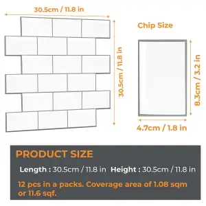 3D Tile Stickers Peel & Stick Backsplash London Metro Classic Brick Brilliant White 12 Sheets 30.5cm(12")