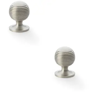 2 PACK - Reeded Ball Door Knob - 32mm Diameter Satin Nickel Lined Cupboard Pull Handle