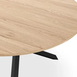 Malvern Round Dining Table And Chairs -  Oak Table Top w Solid Oak Black Legs + Monza Fabric Dining Chair Set Of 4 (Grey)