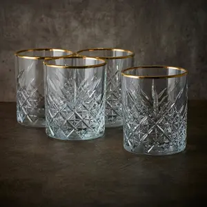 Queensway Home & Dining 420ml 4 Pcs Timeless Tumbler with Gold Rim Whiskey Cocktails Glasses perfect party mug lead free Drinkware