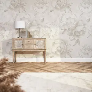 Vintage Peony Mural Wallpaper In Cool Neutrals (350cm x 240cm)