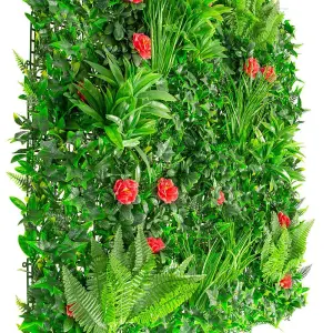 Primrose Artificial Mixed Plants Red Rose Green Wall Hedge Panel 1m x 1m