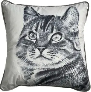 Tabby Cat Print Pillow/Velvet Cushion,Black/White. 45x45cm