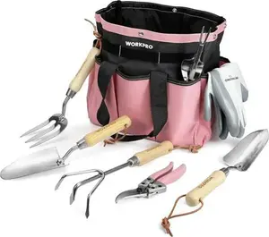 Nobrand WORKPRO 7-Piece Pink Garden Tool Set, Stainless Steel Gardening Tools With Wood