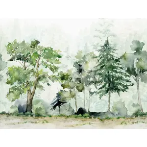 Grandeco Bastogne Watercolour Trees 7 Lane Textured Mural,  2.8 x 3.71m, Green