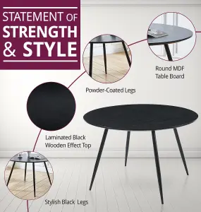 Hallowood Furniture Cullompton Large Black Round Dining Table 120cm with 6 Light Grey Faux Leather Chairs