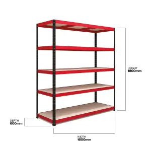 RB BOSS Garage Shelving Unit 5 Shelf MDF Red & Black Powder Coated Steel (H)1800mm (W)1600mm (D)600mm