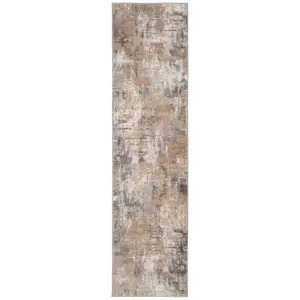 Neutral Beige Distressed Abstract Metallic Geometric Living Runner Rug 70x240cm