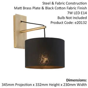 2 PACK Matt Brass Wall Light & Black Cotton Fabric Shade - Hanging Wall Fitting