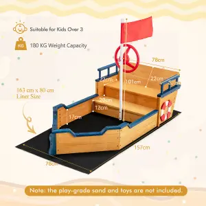 Costway Kids Wooden Sandbox Pirate Ship Play Boat w/ Flag Rudder Lifebuoy Decoration