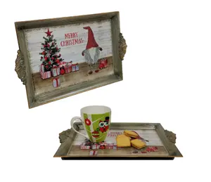 2x Christmas Gonk Tea Serving Tray Plastic Drinks Lap Snack Tray 40cm x 26cm