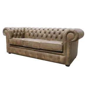 Chesterfield Handmade 3 Seater Settee Sofa Cracked Wax Tan Real Leather