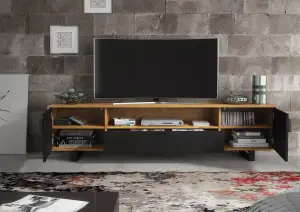 Blackridge TV Unit 200cm Oak & Black Fluted - Creative Furniture