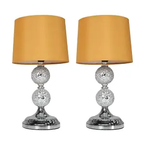 ValueLights Harmony Pair of Decorative Chrome and Mosaic Crackle Glass Table Lamps with Mustard Shades