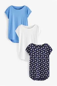 Womens Next White/Blue/Daisy Print 100% Cotton Cap Sleeve T-Shirts 3 Pack - White/Blue/Daisy Print