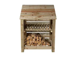 Slatted wooden log store with kindling shelf W-99cm, H-126cm, D-88cm - natural (light green) finish