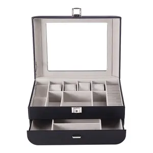 Sleek Black Faux Leather Jewelry Box with Transparent Lid